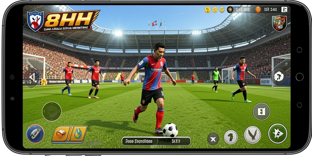 Screenshot gameplay 8HHH dengan aksi pertandingan sepak bola yang menegangkan.