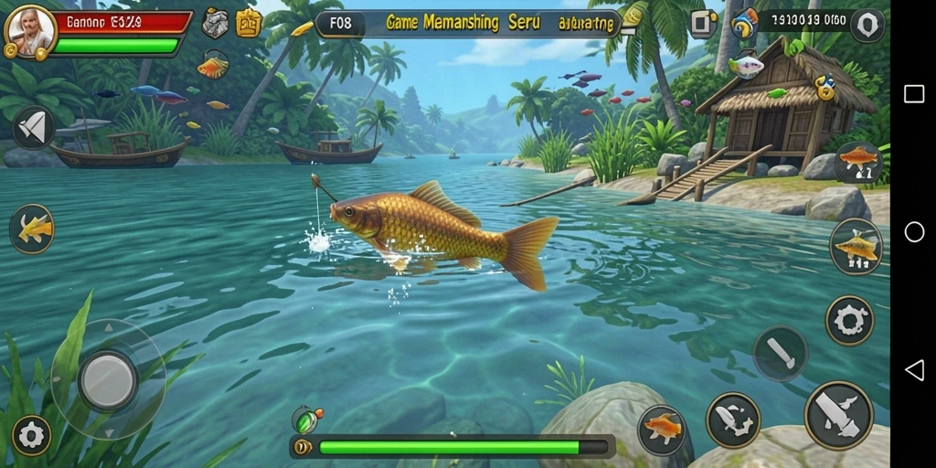 Gameplay seru dalam F08 saat menangkap ikan di danau.