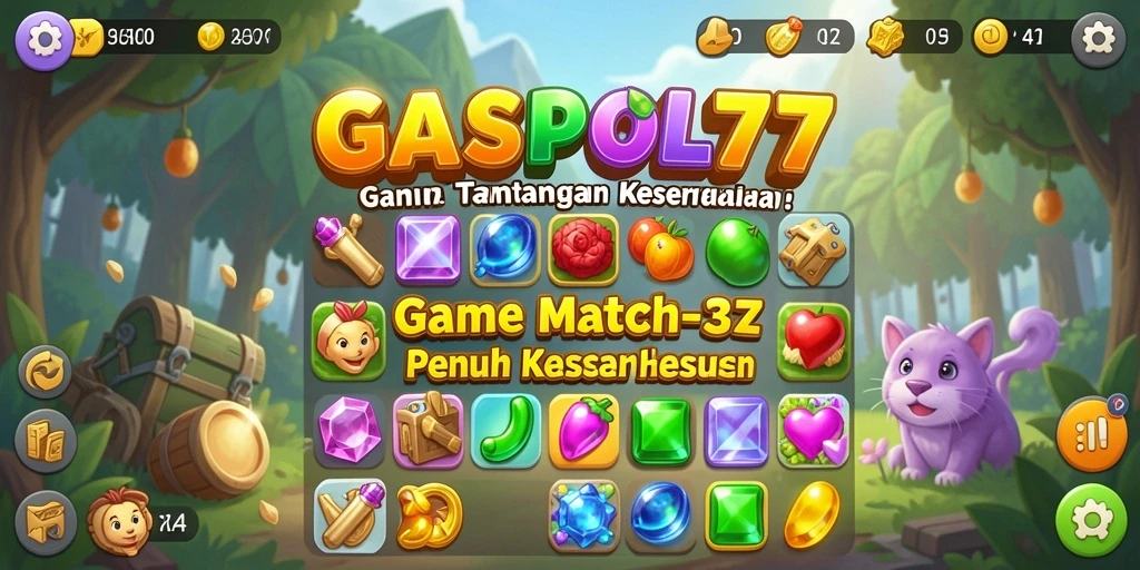 Screenshot utama GASPOL77 menunjukkan aksi seru dalam gameplay Match-3.