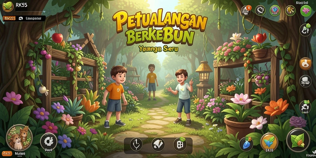 Screenshot dari gameplay <strong>RK55</strong> menampilkan kebun yang subur dan berwarna-warni.