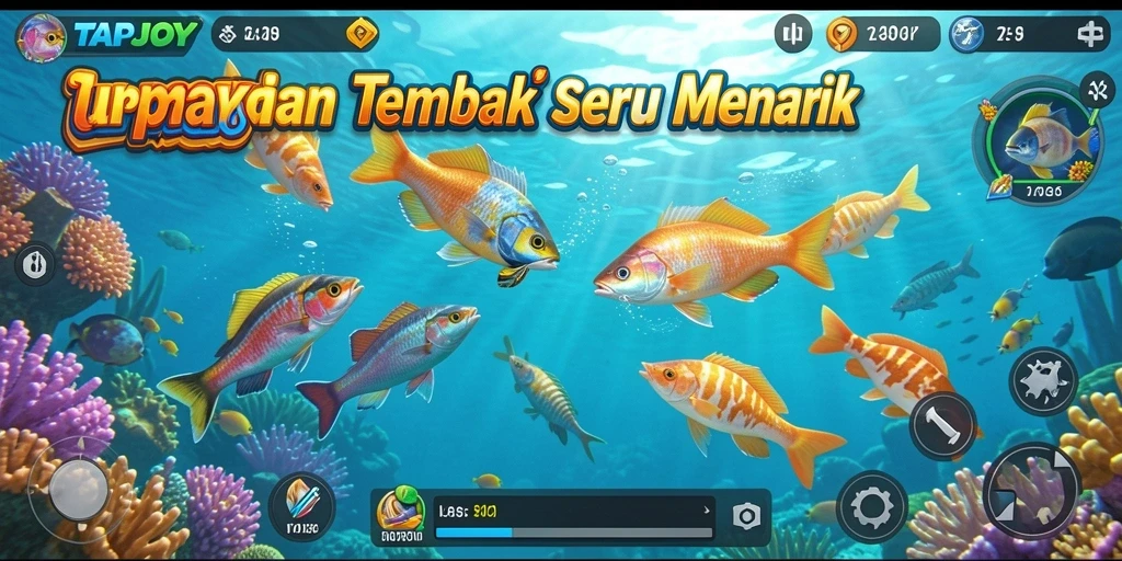 Screenshot gameplay TAPJOY dengan aksi menembak ikan yang mendebarkan.