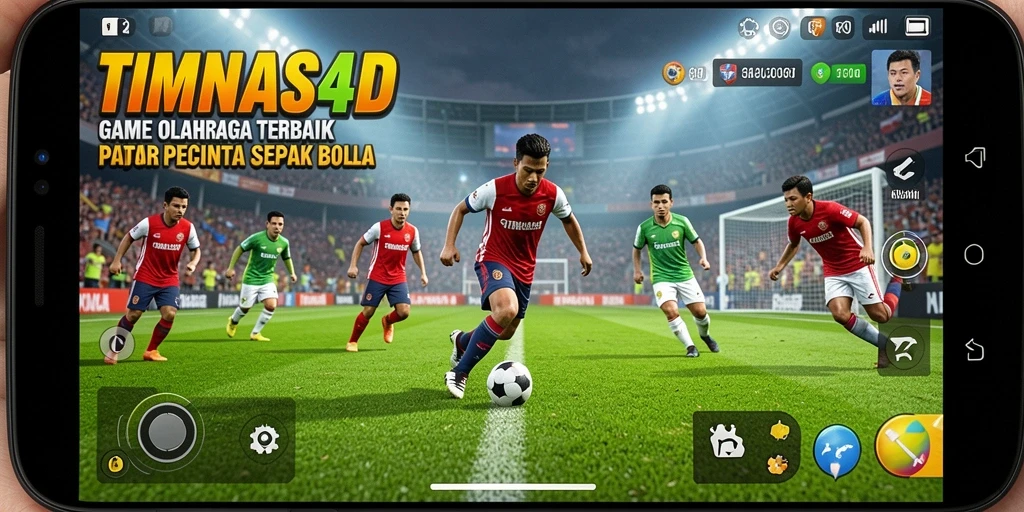 Screenshot gameplay TIMNAS4D menampilkan aksi seru di lapangan sepak bola.